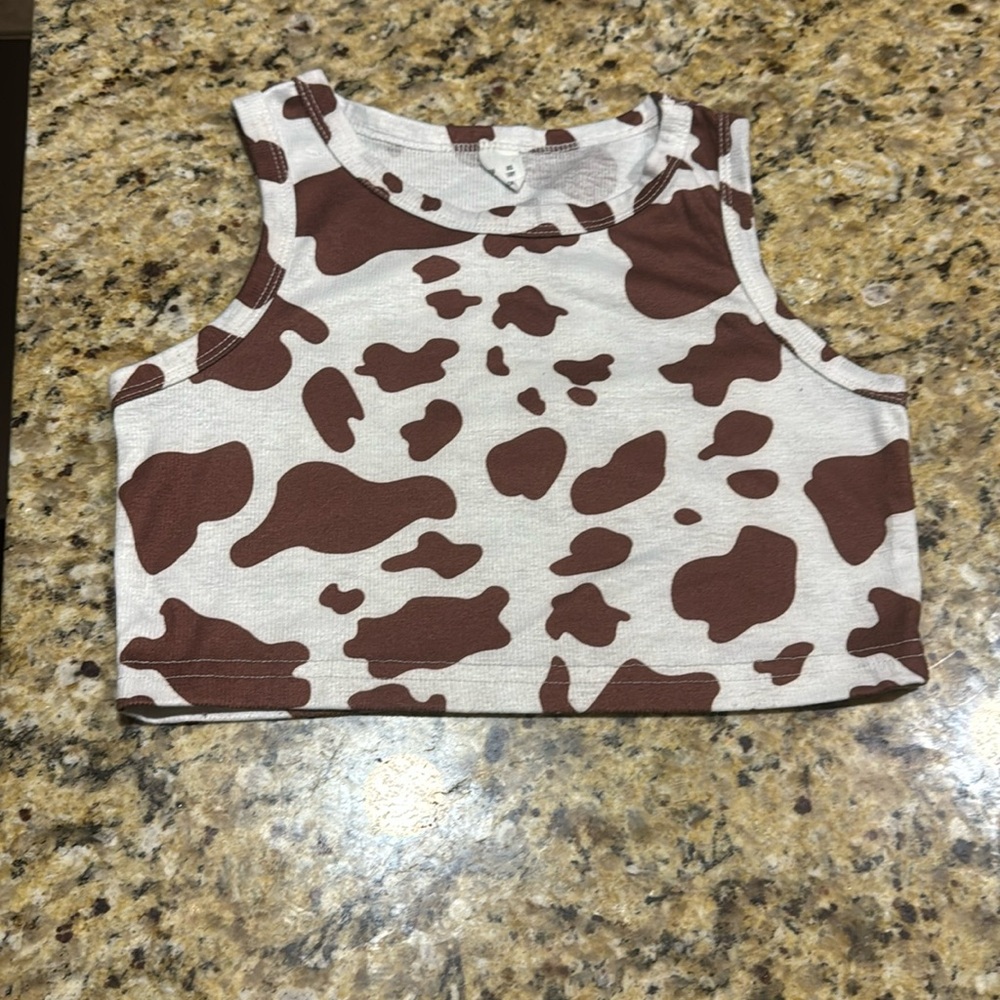 Girls ribbed cropped tank top cow print